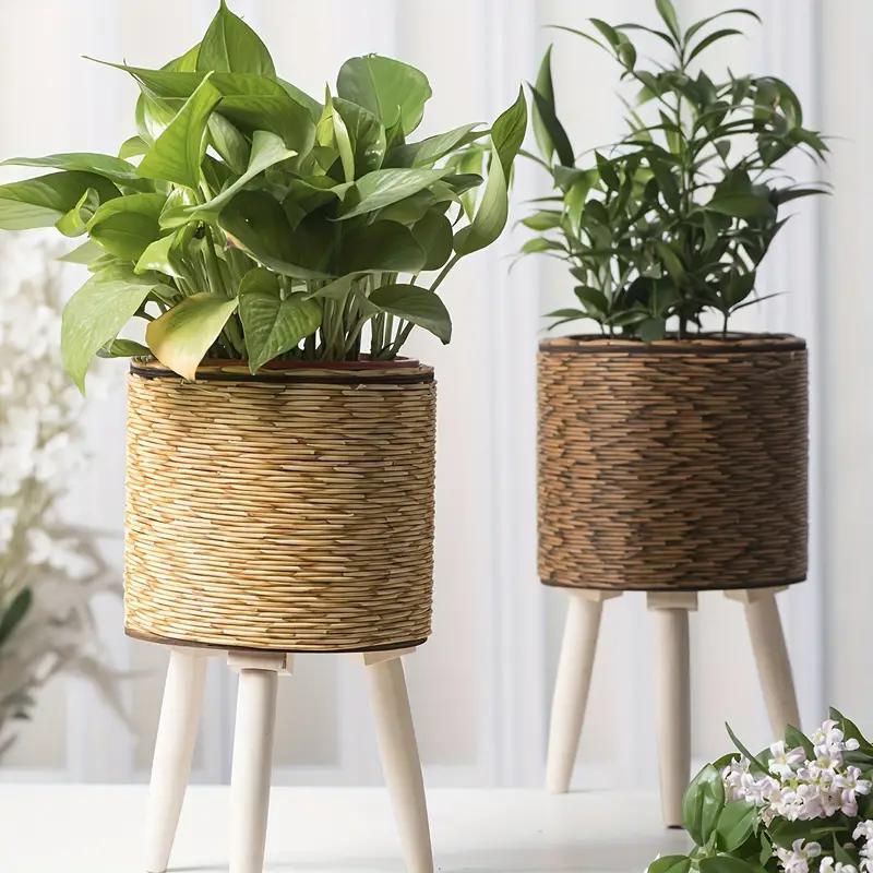 Woven Rattan Planter with Wooden Stand - Boho Plant Pot Holder