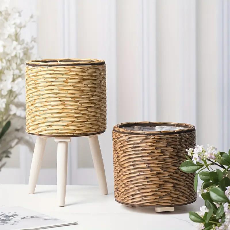 Woven Rattan Planter with Wooden Stand - Boho Plant Pot Holder