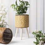 Woven Rattan Planter with Wooden Stand - Boho Plant Pot Holder