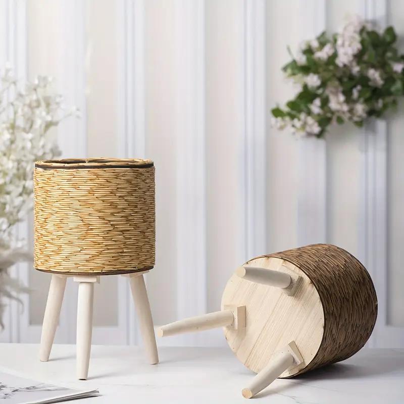 Woven Rattan Planter with Wooden Stand - Boho Plant Pot Holder