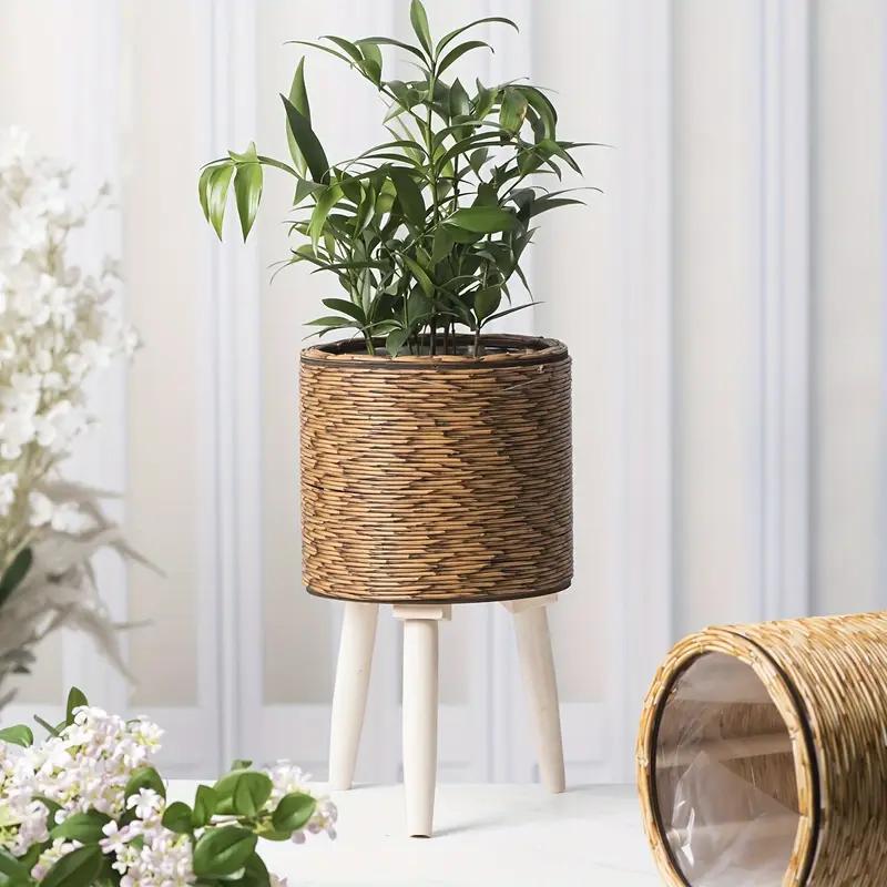Woven Rattan Planter with Wooden Stand - Boho Plant Pot Holder