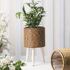 Woven Rattan Planter with Wooden Stand - Boho Plant Pot Holder