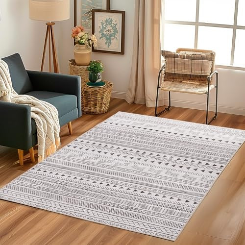 Vintage Distressed Area Rug 5x7 - Machine Washable Boho Living Room Carpet